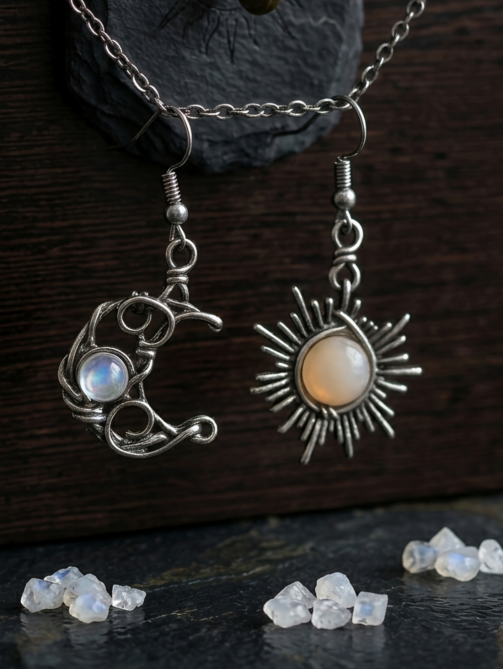 Silver Plated Sun Moon Earrings Asymmetrical Celestial Boho Wire Wrapped Dangle